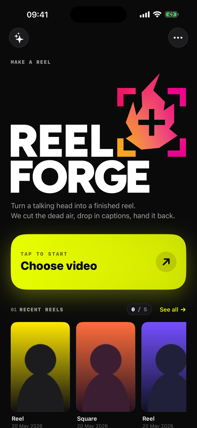 ReelForge home screen with a recent renders strip